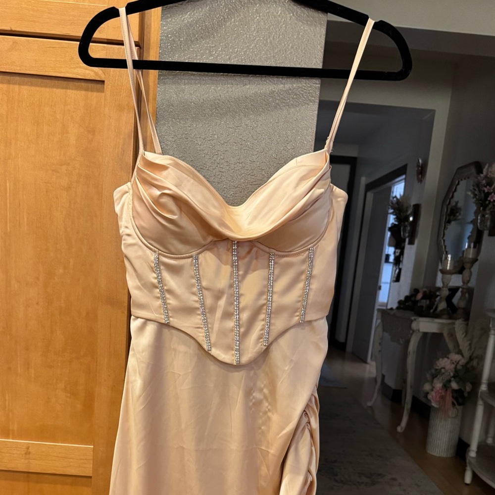 Oh Polly- Size 4- Asymmetric Midi Dress in Sand